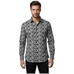 TALLIA Men’s Dress Shirt Slim Fit Paisley Print Black White 15/32 Medium